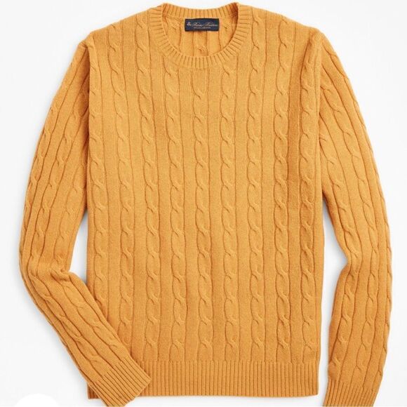 Men’s BROOKS BROTHERS Lambswool Cable Crewneck Sweater SIZE XL gold - Picture 6 of 7